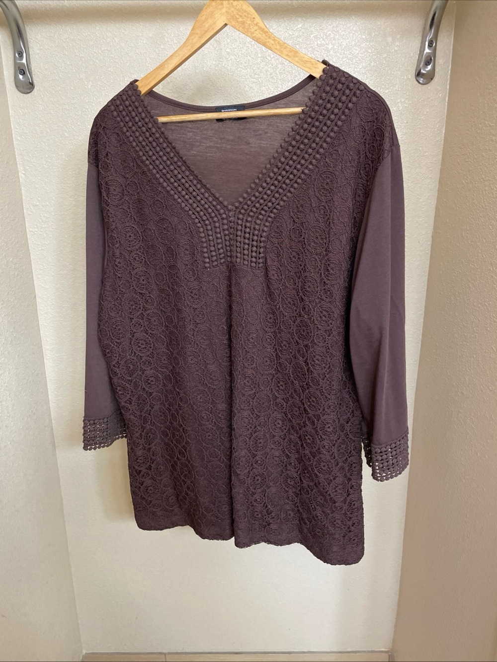 Shannon Ford Women's Crochet Lace V-Neck Tunic Top - Brown Sz L